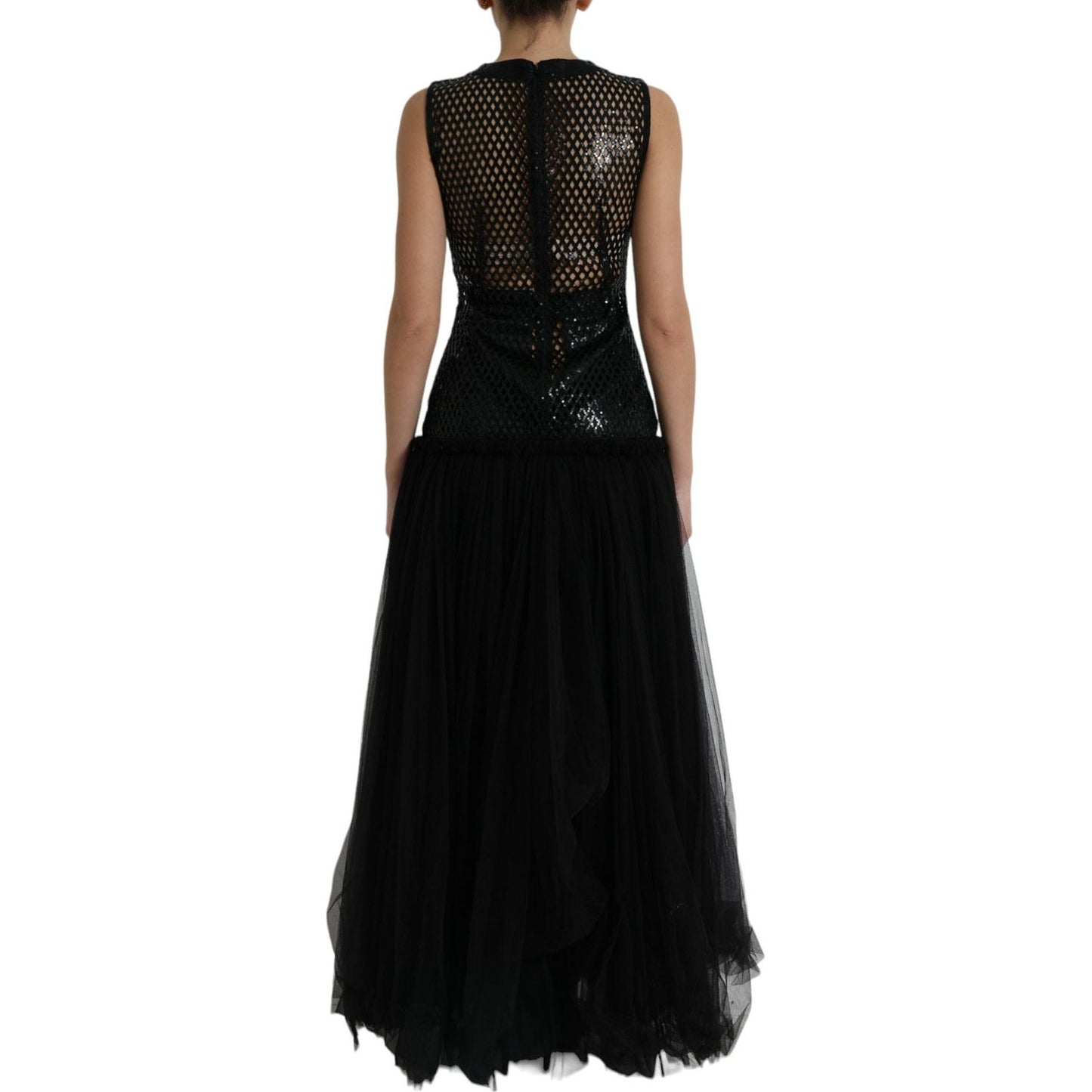 Dolce & Gabbana Elegant Black Sequined Evening Dress black-sequined-sleeveless-mesh-layered-gown-dress