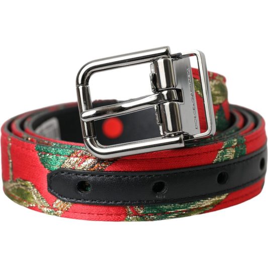 Red Leather Jacquard Silver Metal Buckle Belt