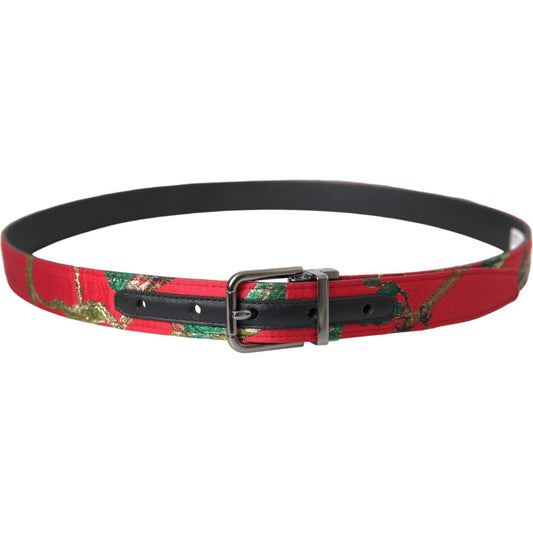 Red Leather Jacquard Silver Metal Buckle Belt