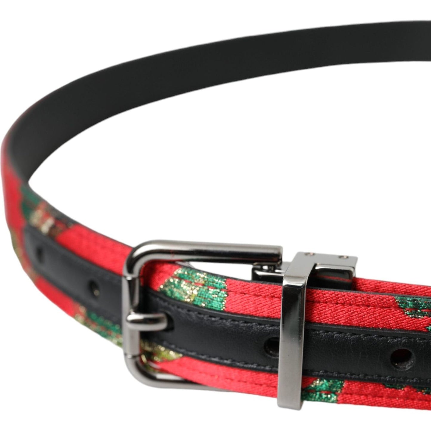 Red Leather Jacquard Silver Metal Buckle Belt
