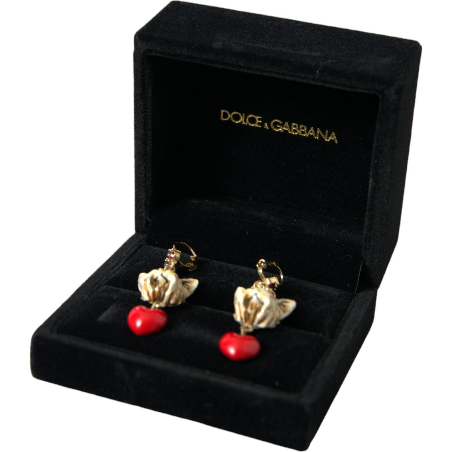 Dolce & Gabbana Gold Brass Heart Dog Red Crystal Dangling Earrings gold-brass-heart-dog-red-crystal-dangling-earrings