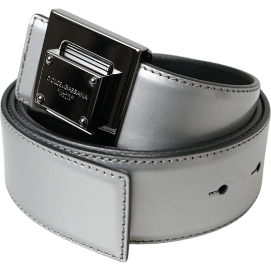 Silver Leather Square Metal Buckle Belt