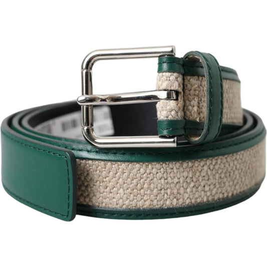 Green Beige Leather Weaved Metal Buckle Belt