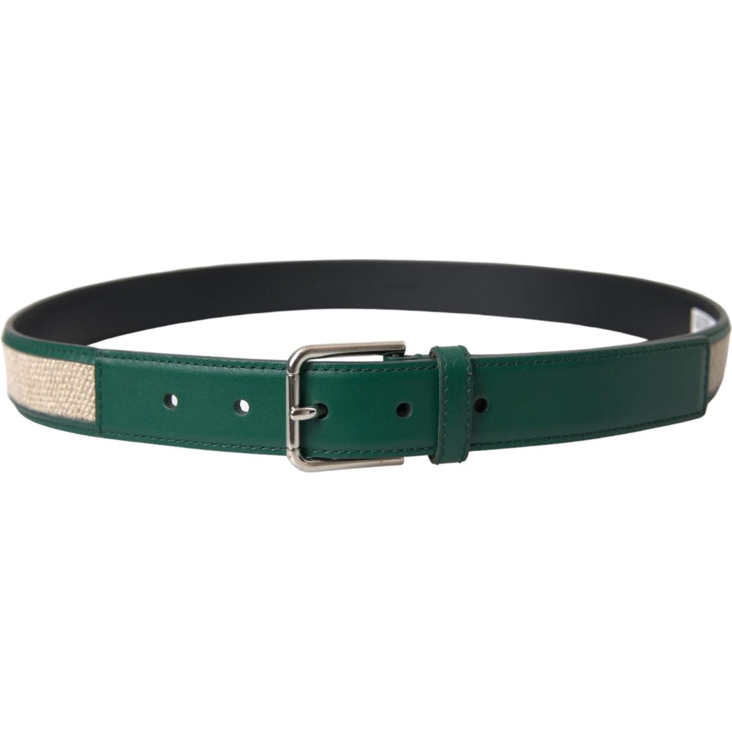 Green Beige Leather Weaved Metal Buckle Belt