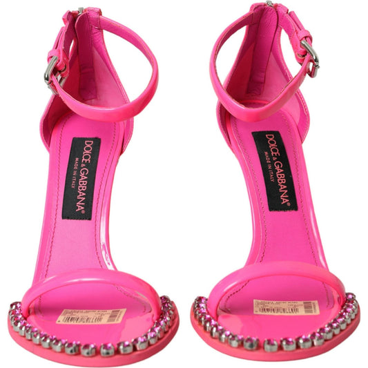 Dolce & Gabbana Pink Leather Crystal Heels Sandals Shoes pink-leather-crystal-heels-sandals-shoes