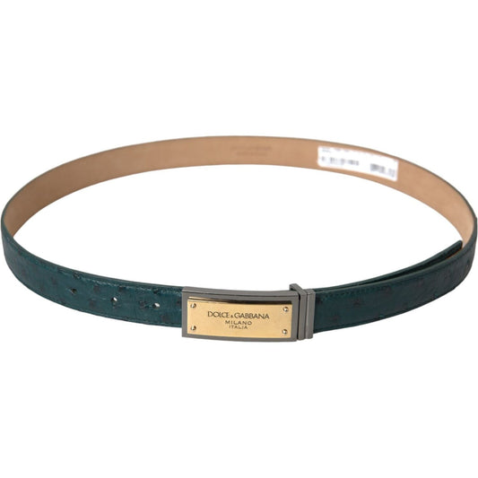 Green Leather Gold Logo Engraved Buckle Belt
