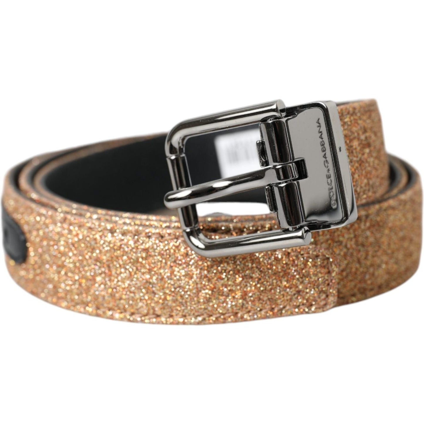 Gold Glitter Leather Silver Metal Buckle Belt