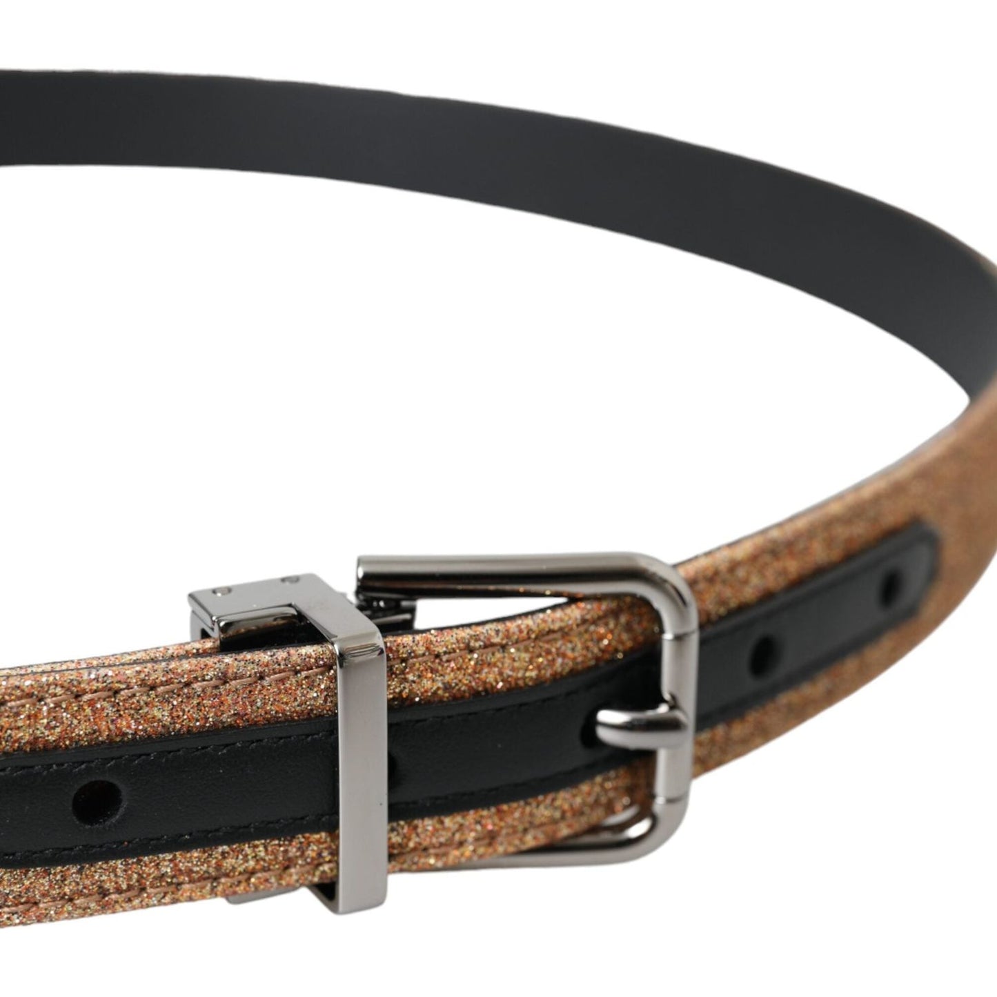 Gold Glitter Leather Silver Metal Buckle Belt