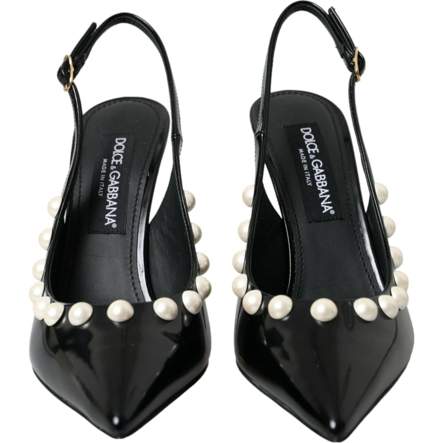 Dolce & Gabbana Black Leather Faux Pearl Heel Slingback Shoes black-leather-faux-pearl-heel-slingback-shoes