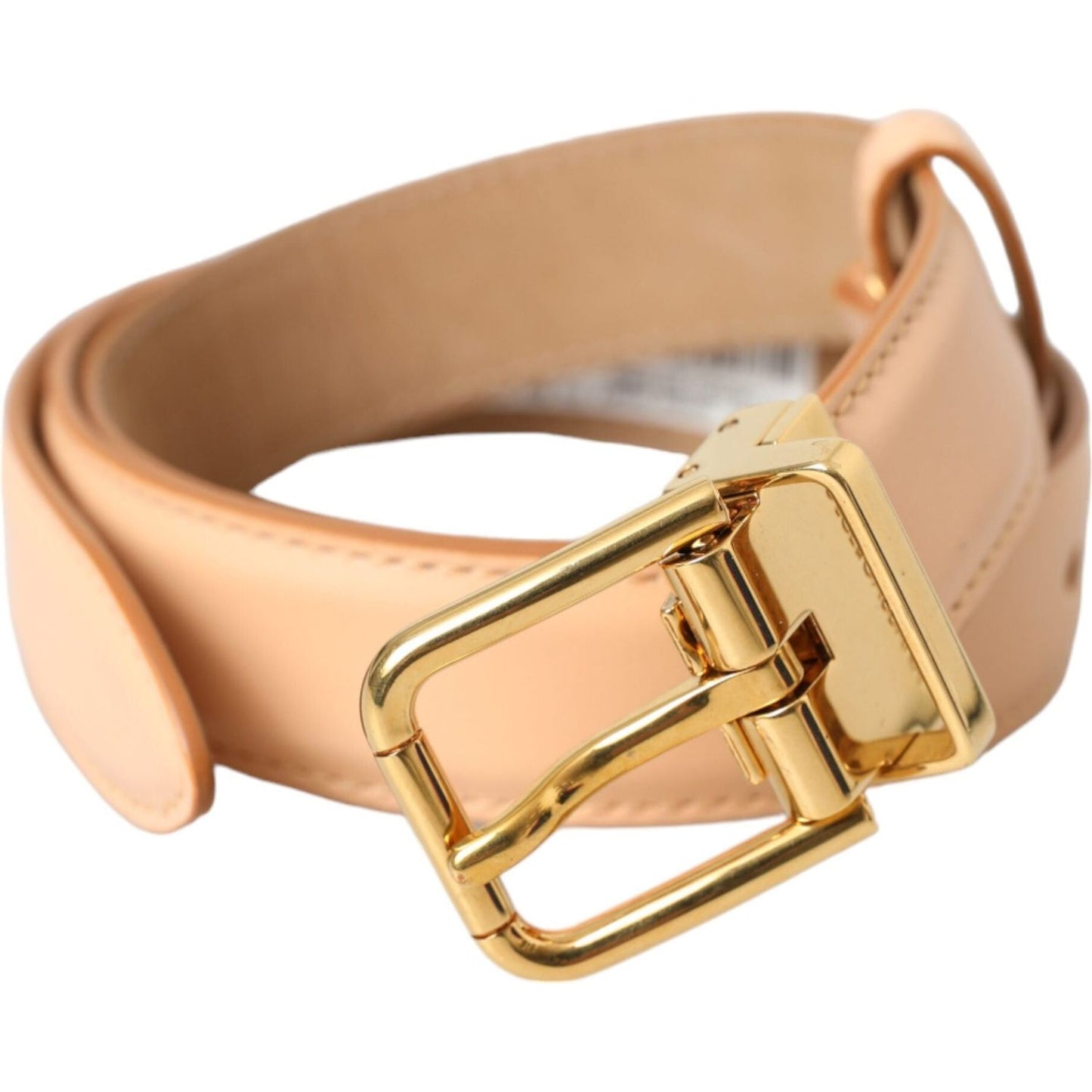 Beige Calfskin Leather Gold Metal Buckle Belt