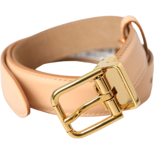 Beige Calfskin Leather Gold Metal Buckle Belt
