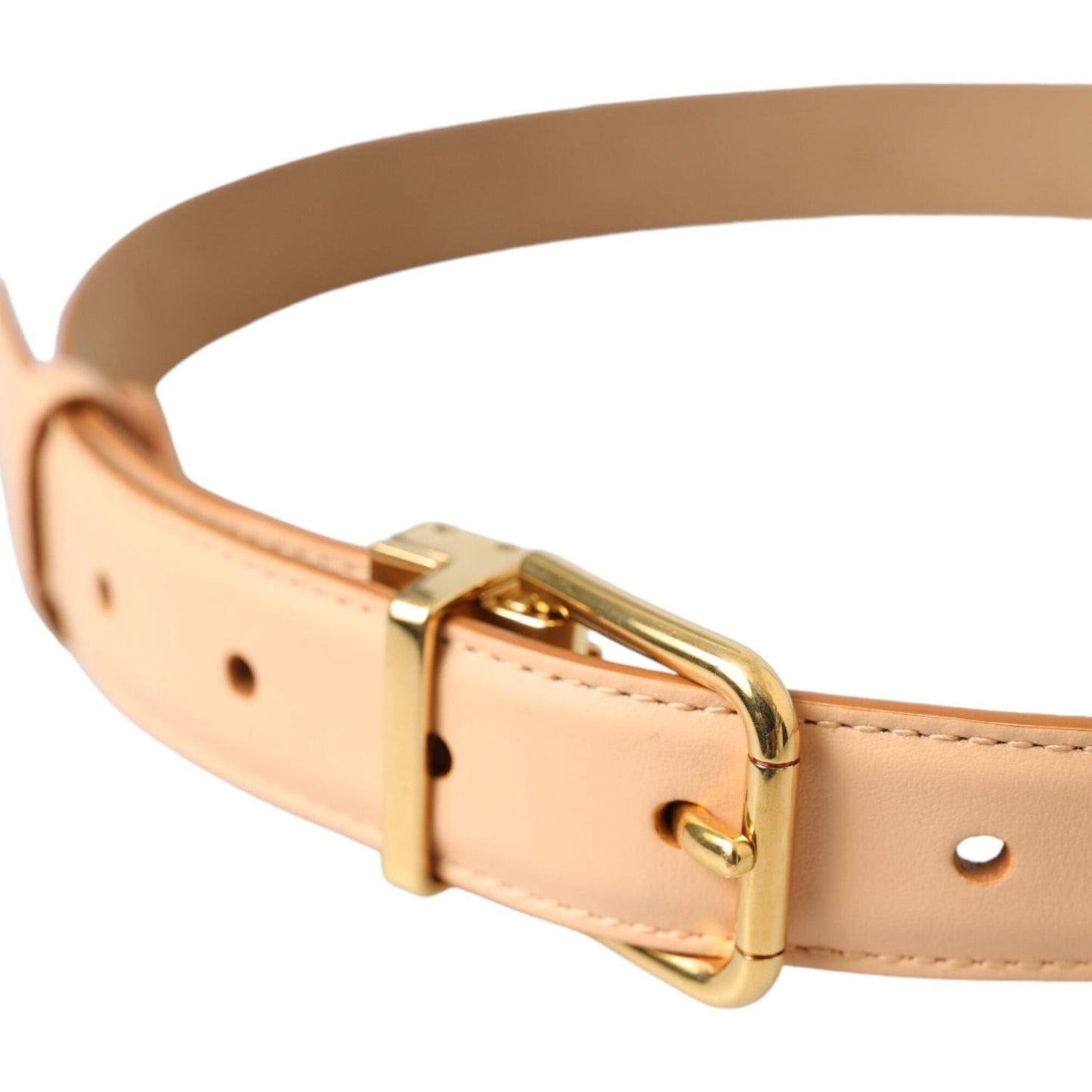Beige Calfskin Leather Gold Metal Buckle Belt