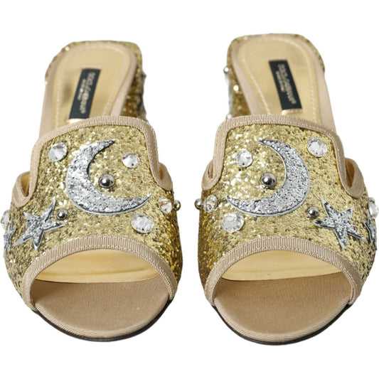 Dolce & Gabbana | Gold Sequin Leather Heels Sandals Shoes| McRichard Designer Brands   