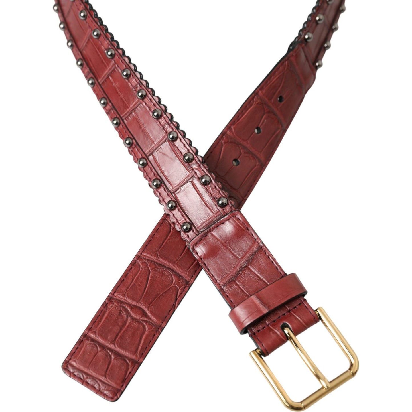 Brown Alligator Leather Studded Metal Buckle Belt