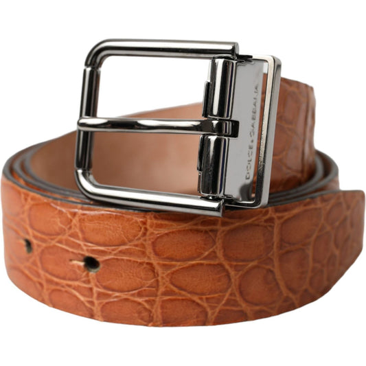 Brown Exotic Leather Silver Metal Buckle Belt