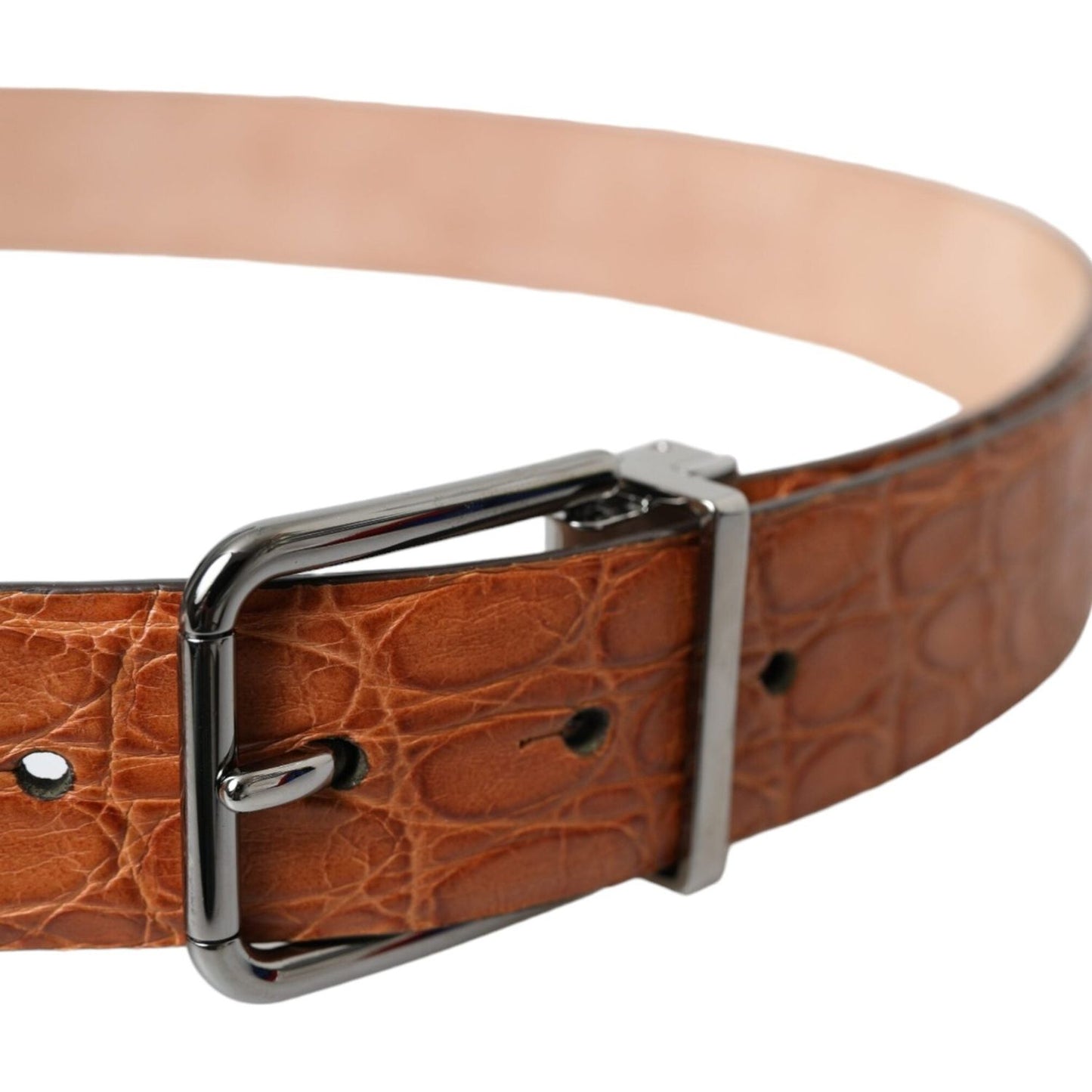 Brown Exotic Leather Silver Metal Buckle Belt