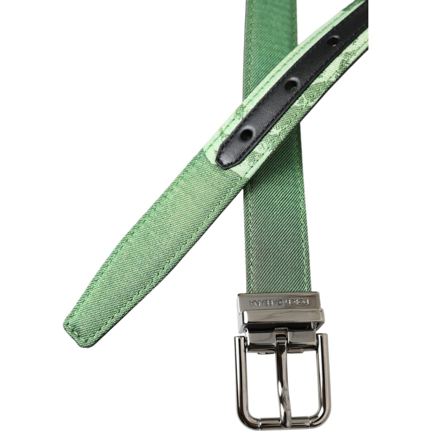 Green Leather Jacquard Silver Metal Buckle Belt