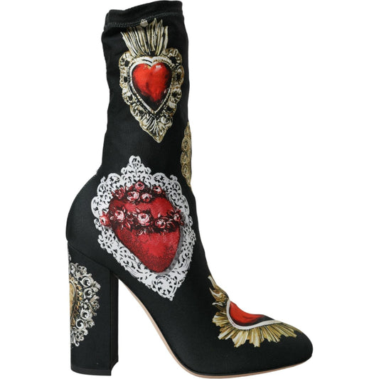 Dolce & Gabbana Black Stretch Socks Red Hearts Booties Shoes black-stretch-socks-red-hearts-booties-shoes