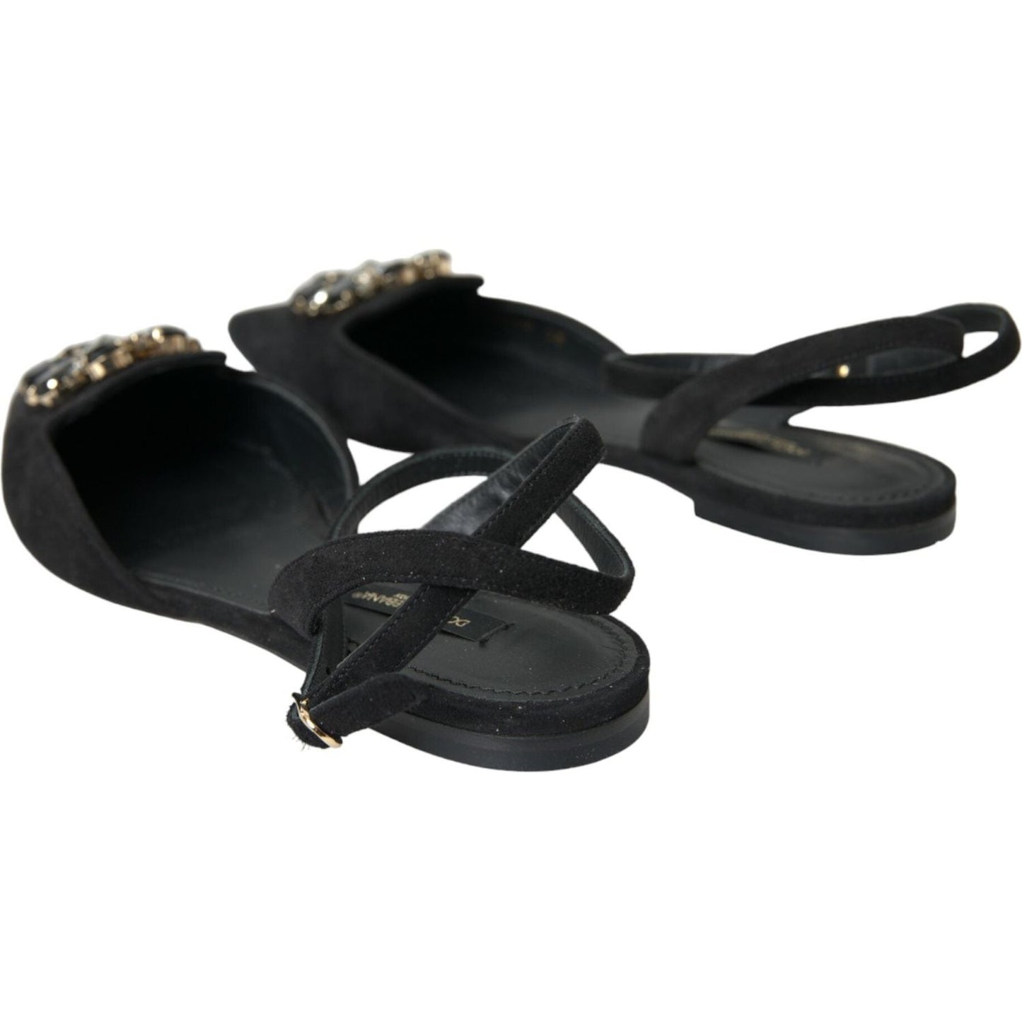 Dolce & Gabbana Black Leather Crystal Slingback Sandals Shoes black-leather-crystal-slingback-sandals-shoes