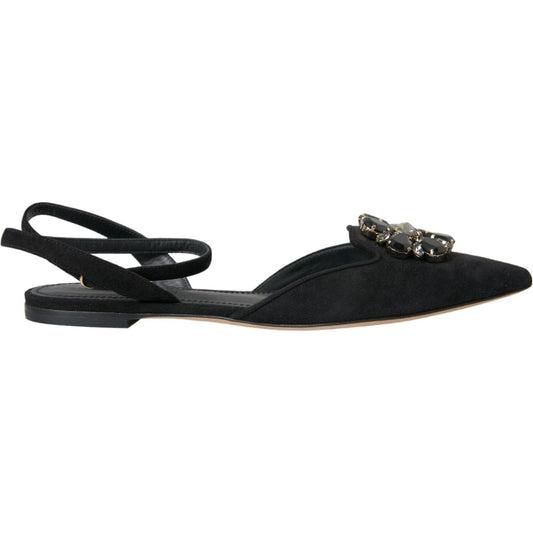 Black Leather Crystal Slingback Sandals Shoes