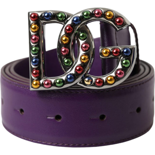 Purple Leather DG Logo Studs Metal Buckle Belt