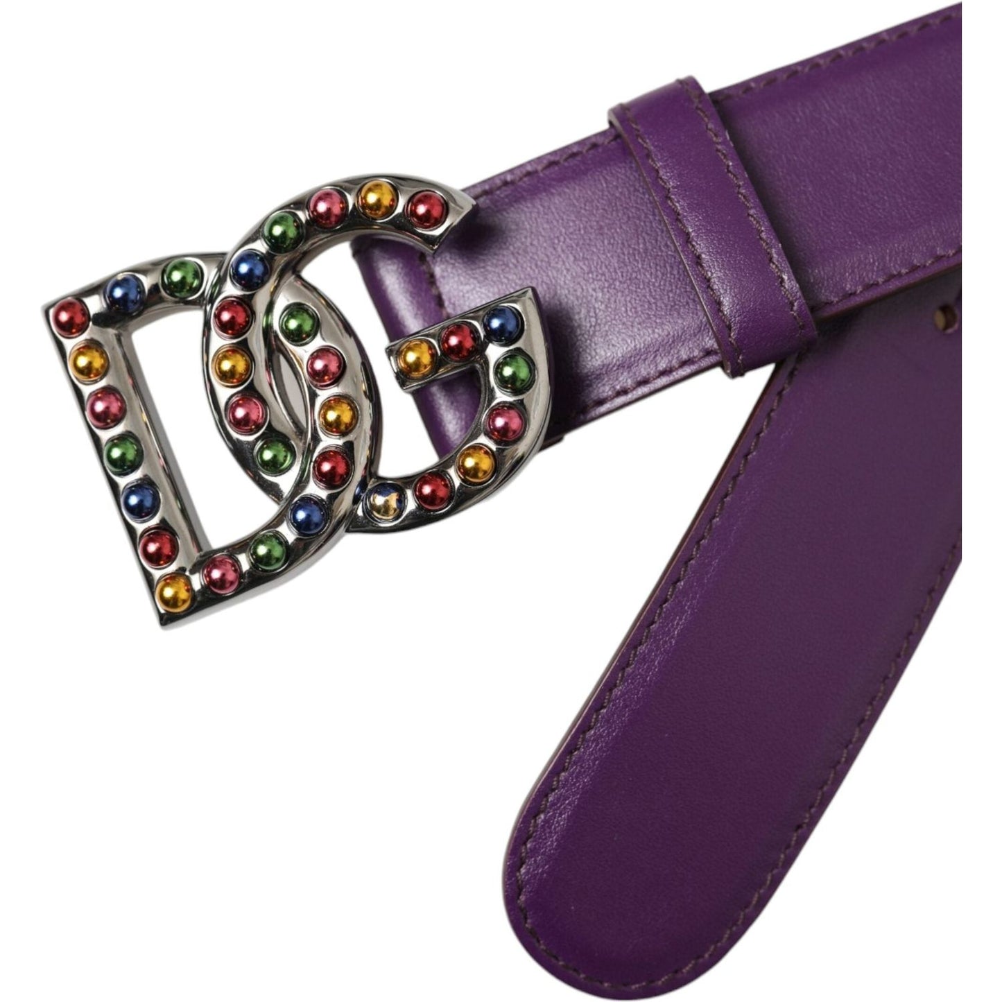 Purple Leather DG Logo Studs Metal Buckle Belt