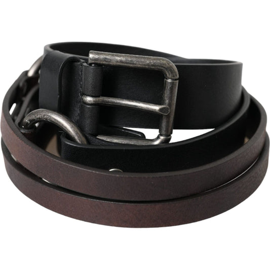 Black Brown Leather Silver Metal Buckle Belt