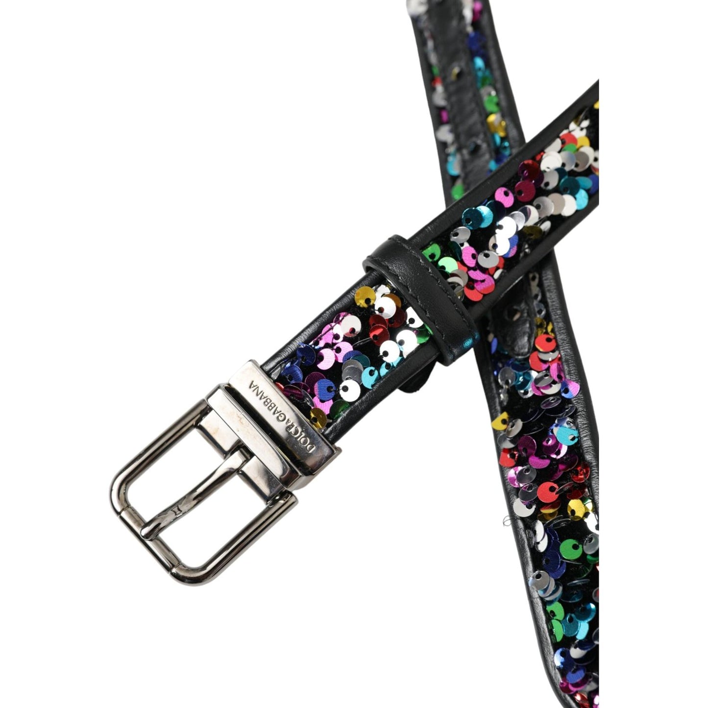 Black Sequined Silver Metal Buckle Women Belt