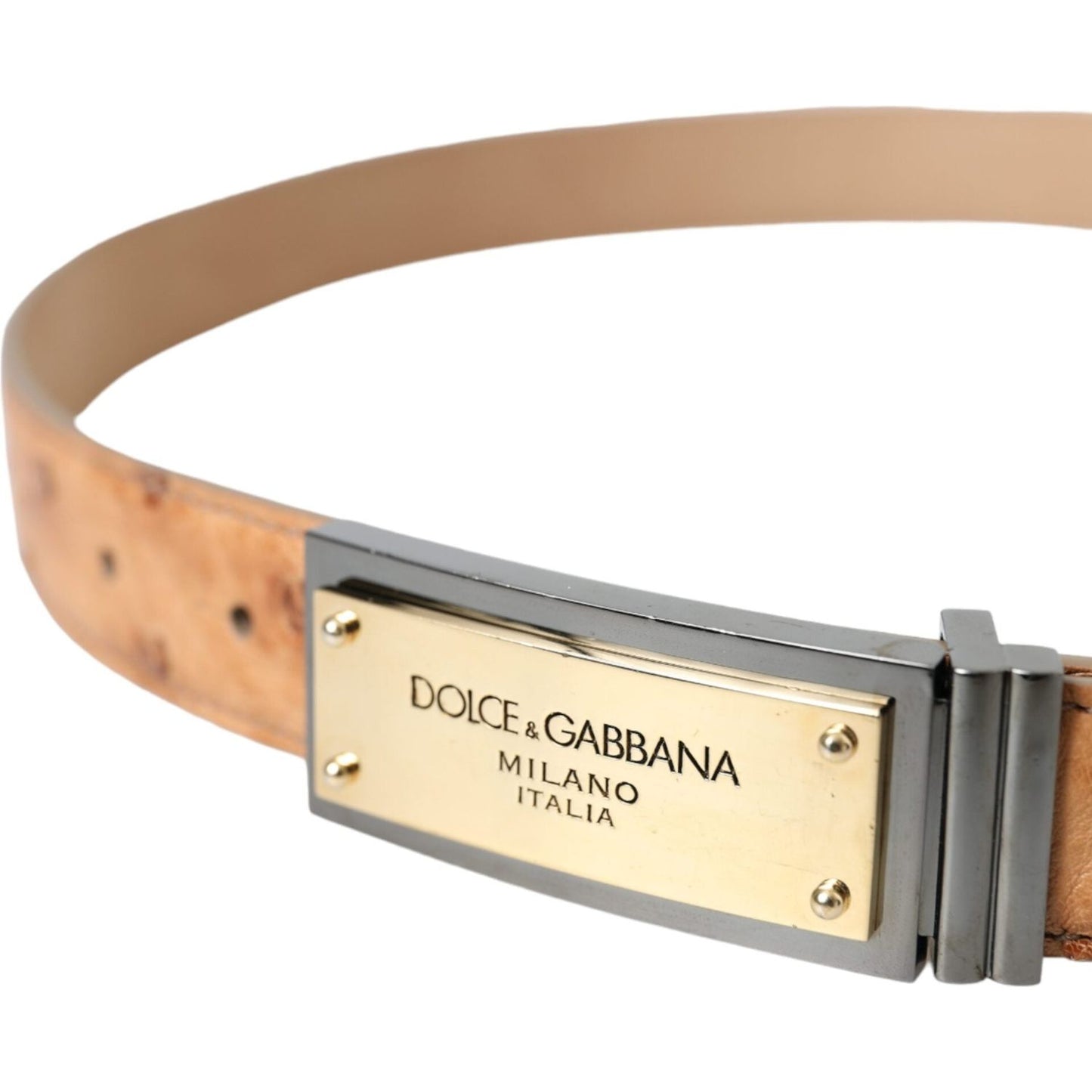 Beige Leather Gold Logo Engraved Buckle Belt