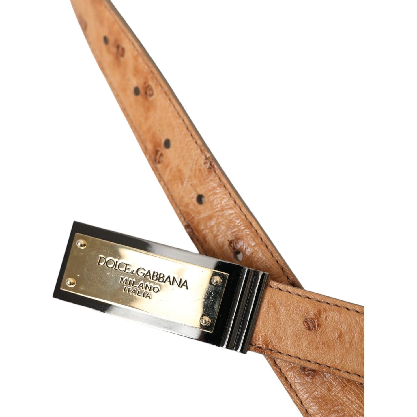 Beige Leather Gold Logo Engraved Buckle Belt