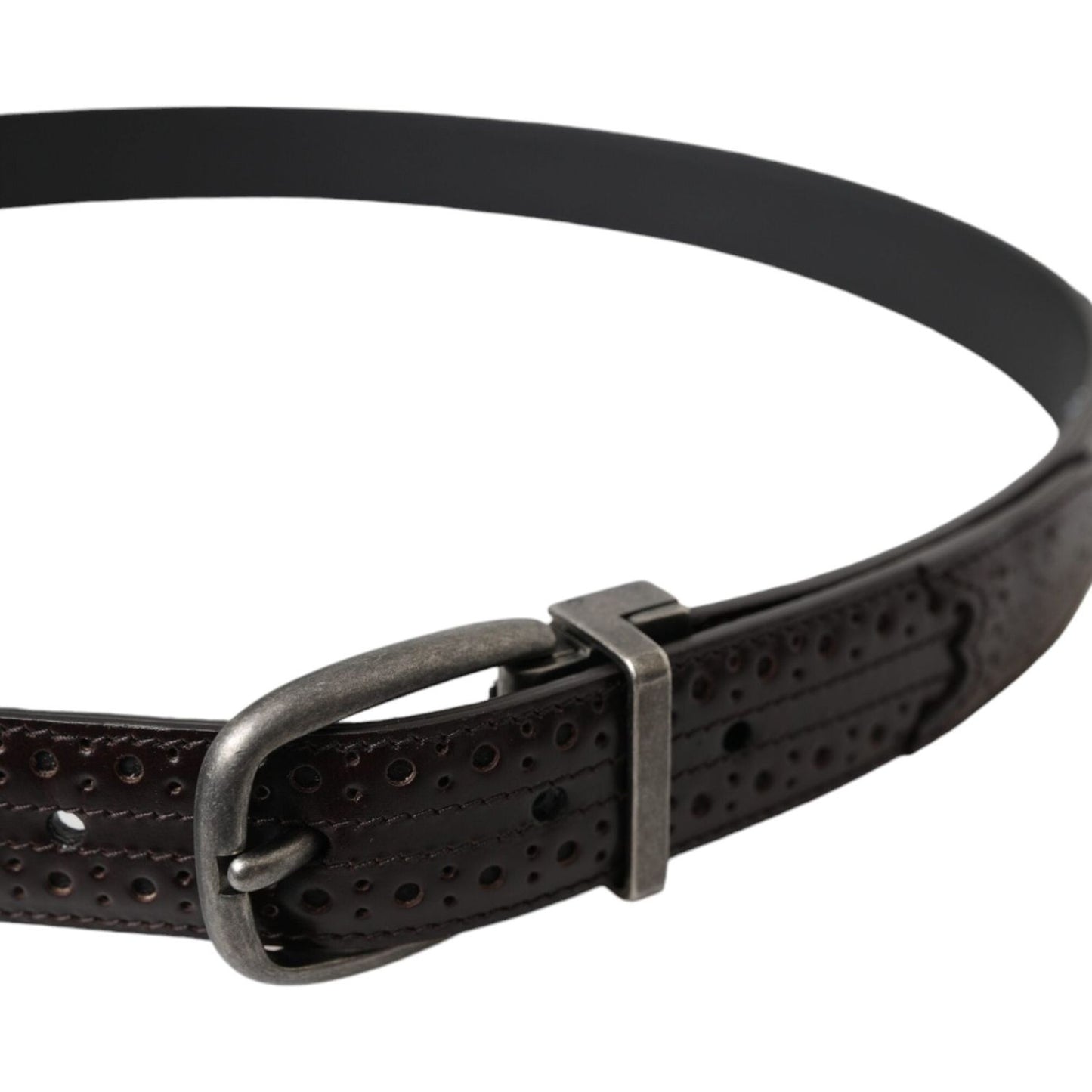 Dark Brown Perforated Leather Metal Buckle Belt Men