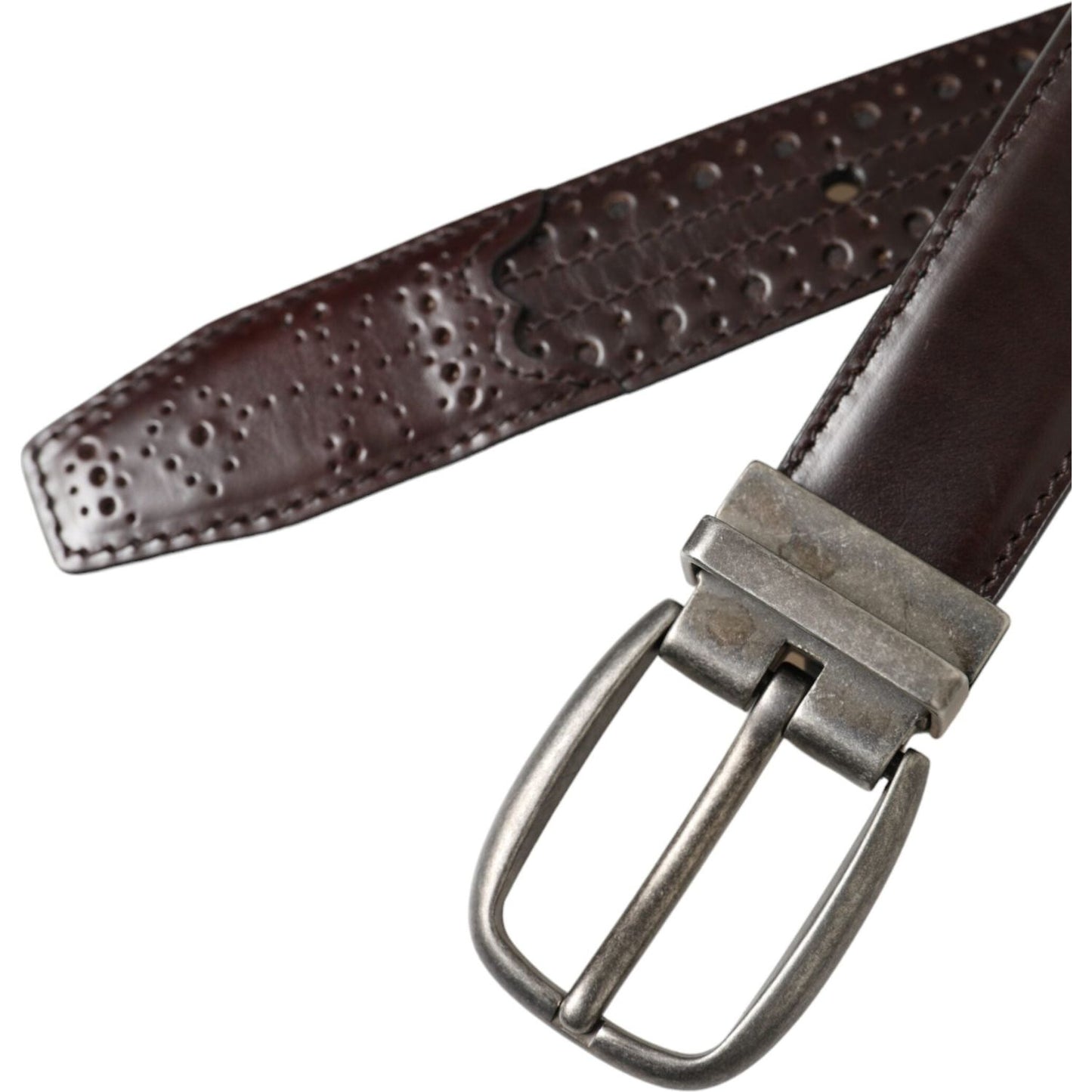 Dark Brown Perforated Leather Metal Buckle Belt Men