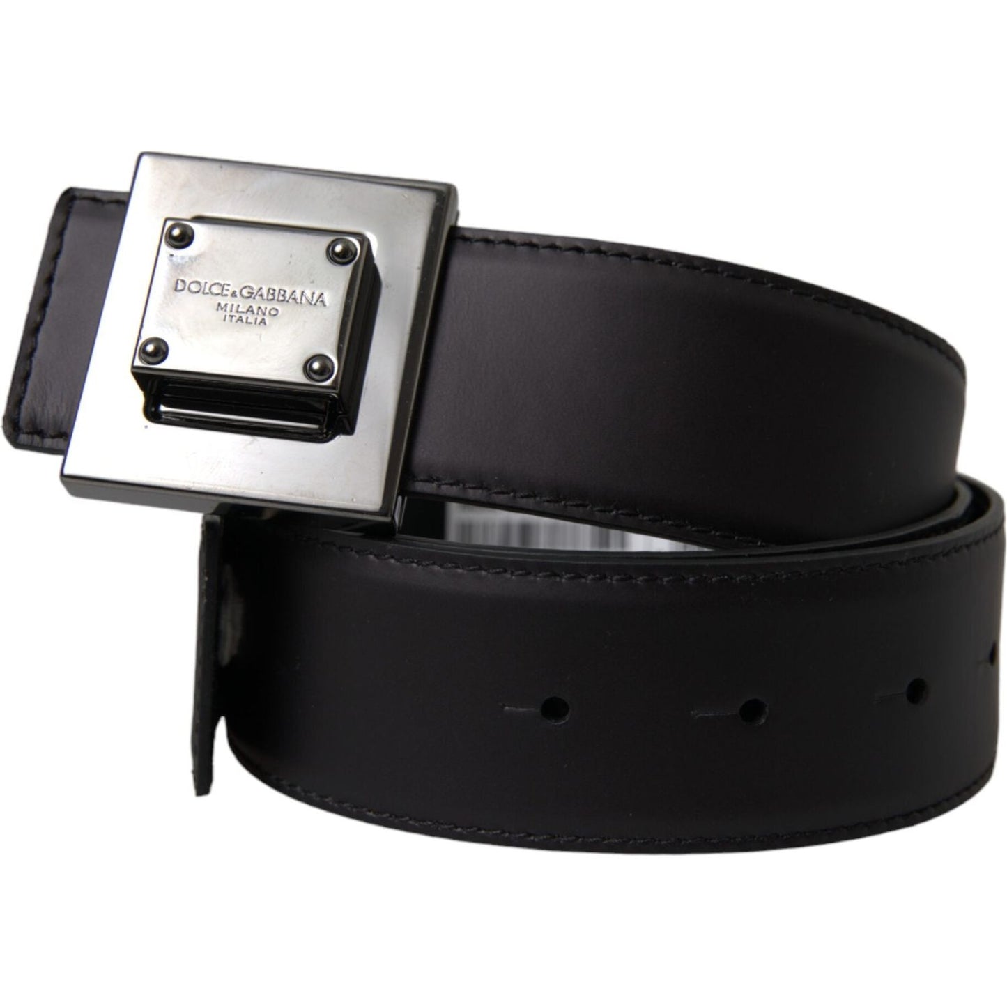 Black Calf Leather Square Metal Buckle Belt