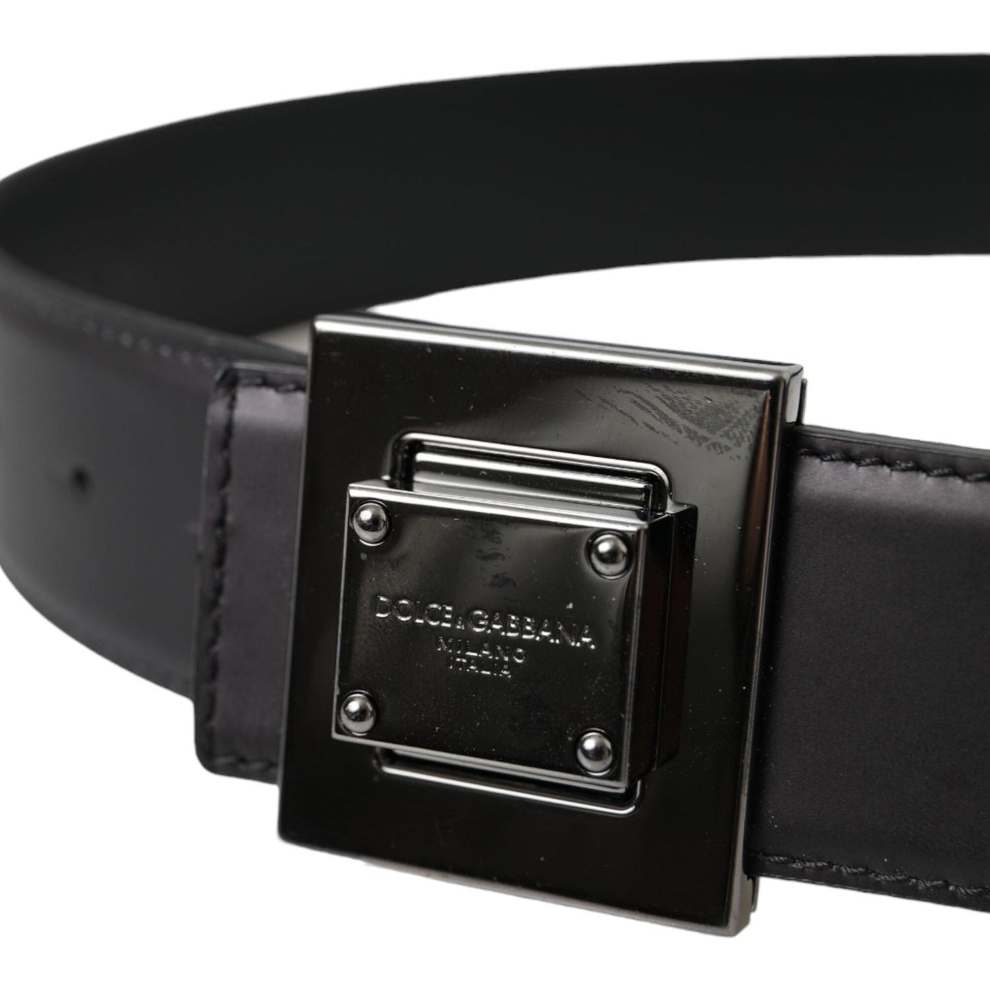 Black Calf Leather Square Metal Buckle Belt