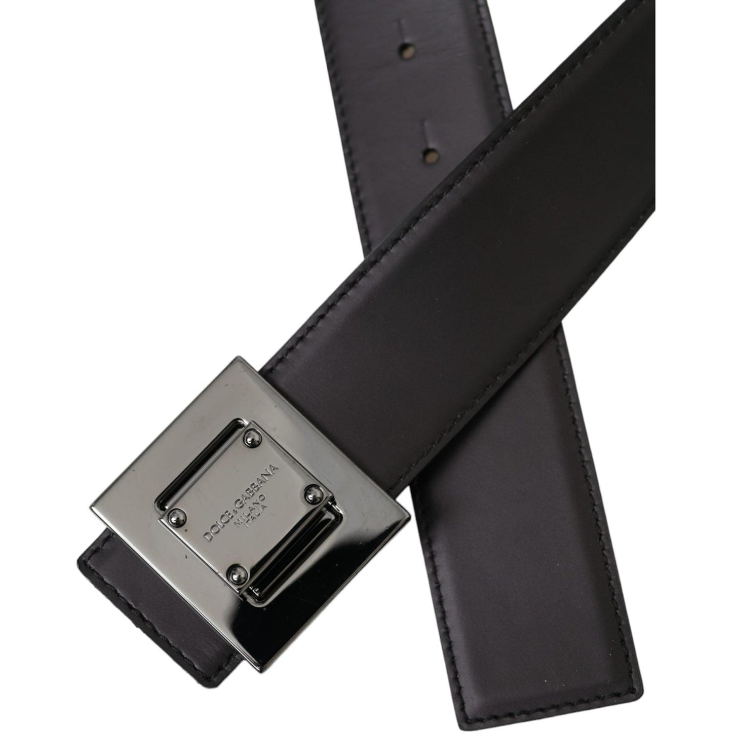 Black Calf Leather Square Metal Buckle Belt