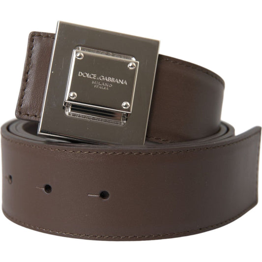 Brown Calf Leather Square Metal Buckle Belt