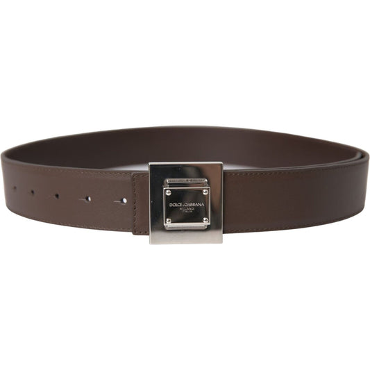 Brown Calf Leather Square Metal Buckle Belt