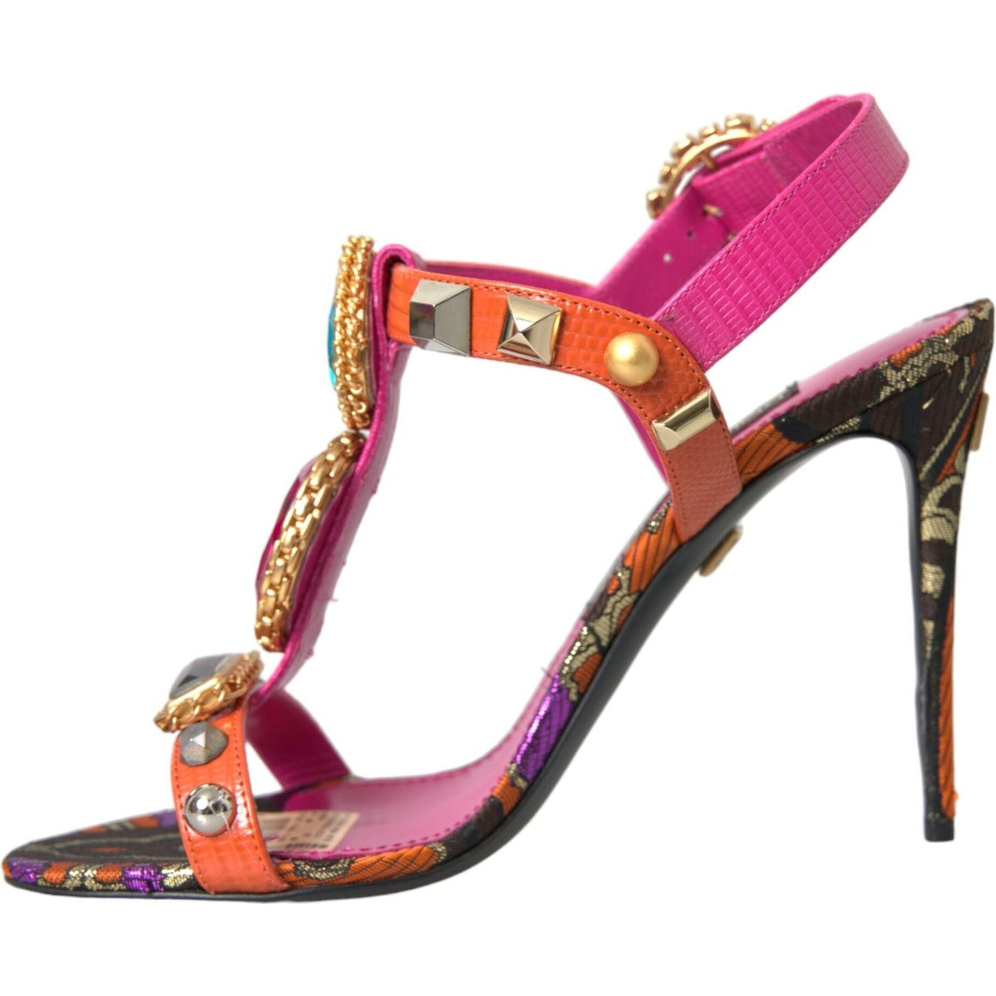 Dolce & Gabbana Pink Jacquard Crystals Sandals Heels Shoes pink-jacquard-crystals-sandals-heels-shoes