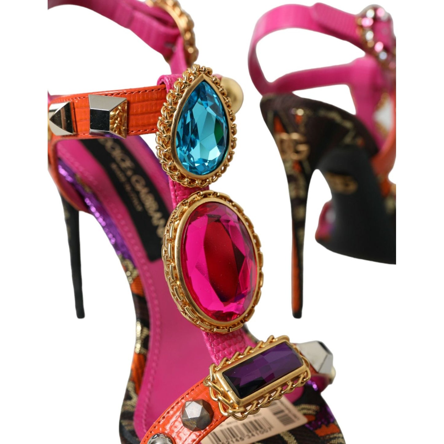 Dolce & Gabbana Pink Jacquard Crystals Sandals Heels Shoes pink-jacquard-crystals-sandals-heels-shoes