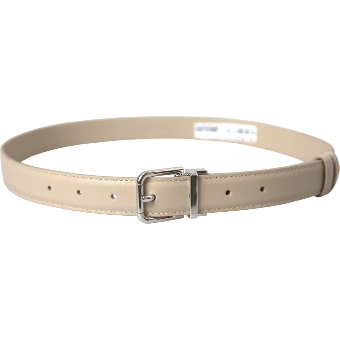 Beige Calfskin Leather Silver Metal Buckle Belt