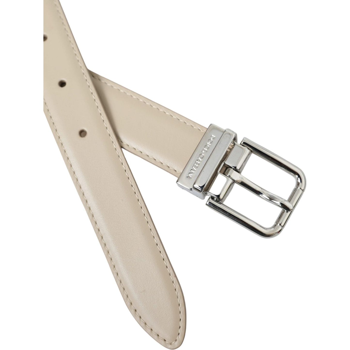 Beige Calfskin Leather Silver Metal Buckle Belt