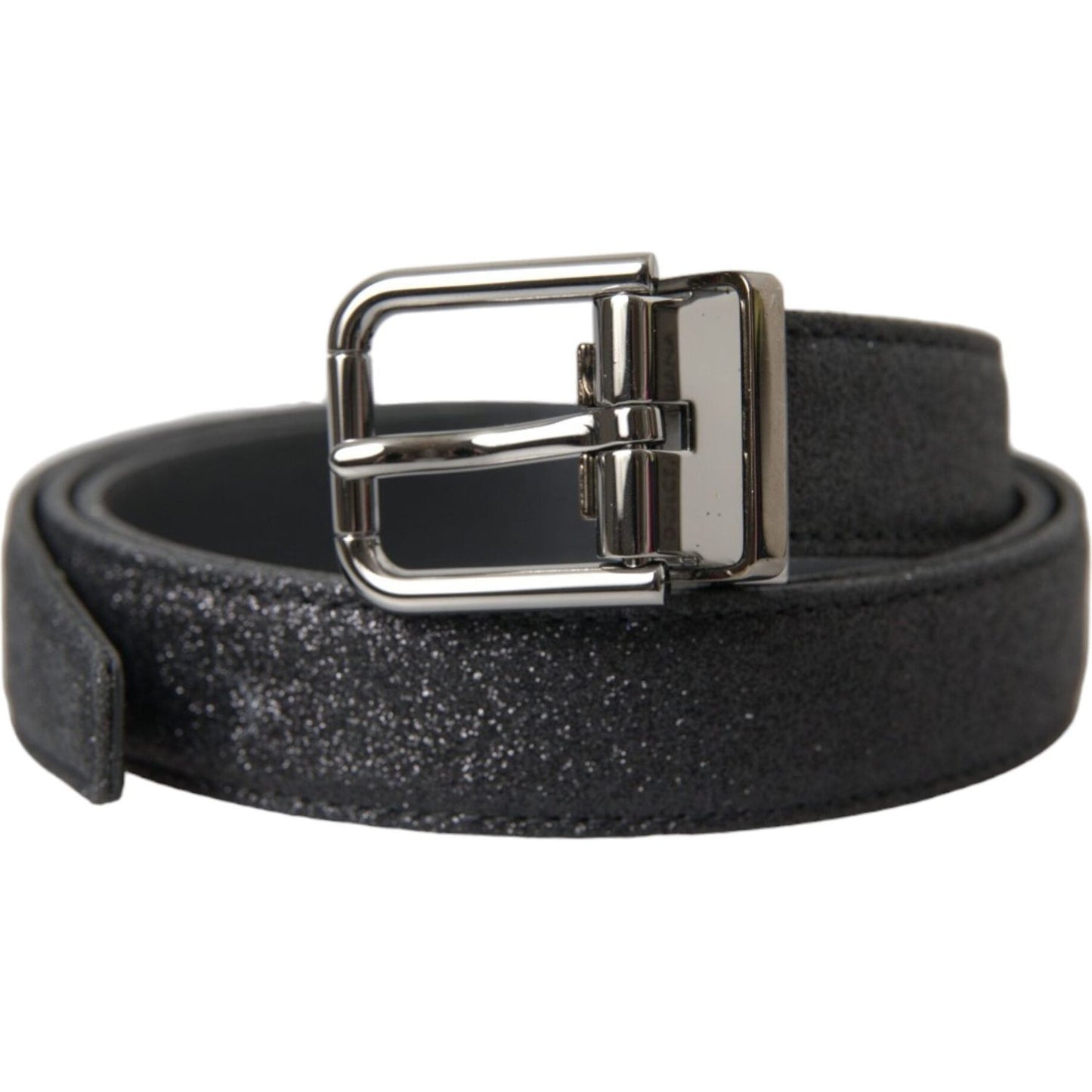 Black Glittered Leather Silver Buckle Belt