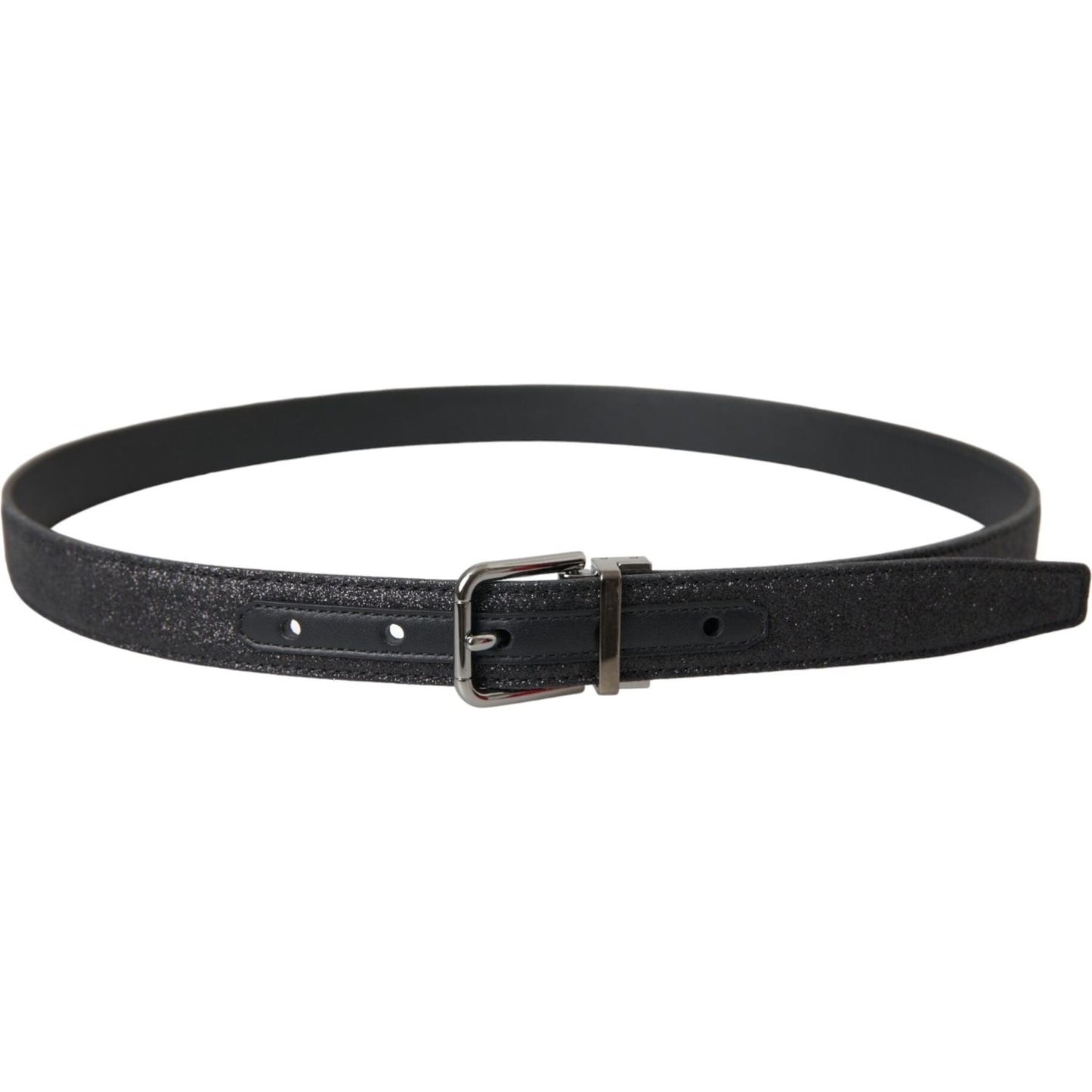 Black Glittered Leather Silver Buckle Belt