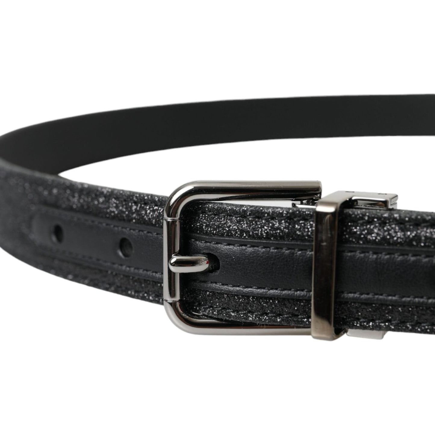 Black Glittered Leather Silver Buckle Belt