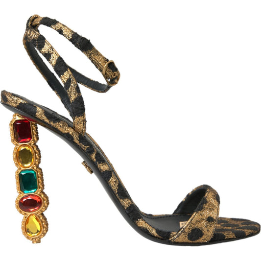 Dolce & Gabbana | Gold Leopard Crystals Heels Sandals Shoes| McRichard Designer Brands   