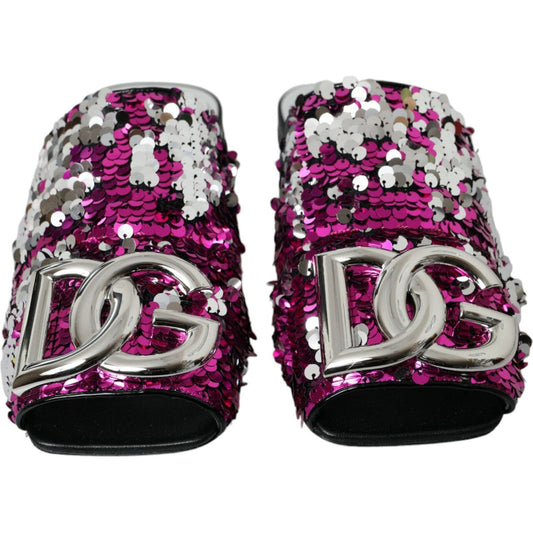 Dolce & Gabbana Fuchsia Sequin Logo Slides Sandals Shoes fuchsia-sequin-logo-slides-sandals-shoes