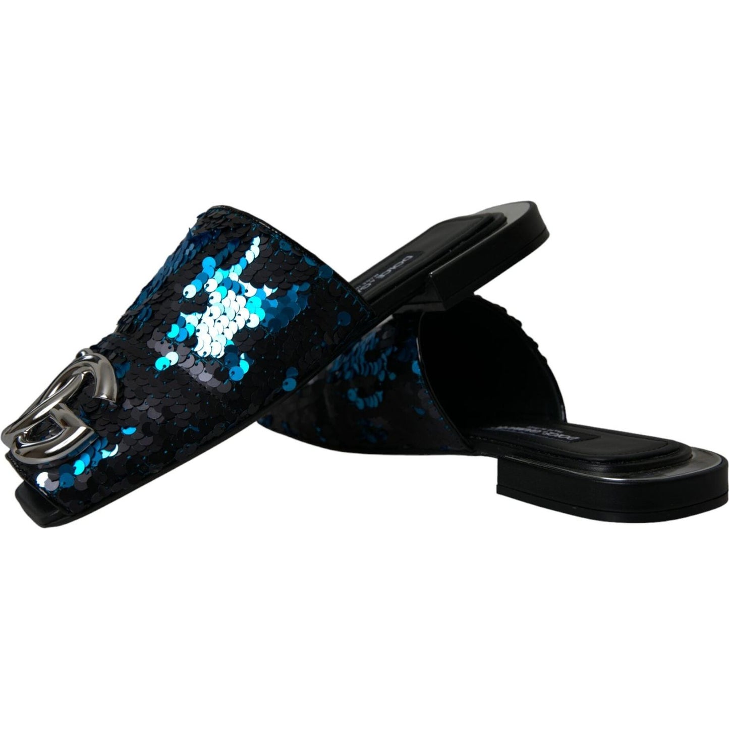 Dolce & Gabbana Blue Sequin Logo Slides Sandals Shoes blue-sequin-logo-slides-sandals-shoes