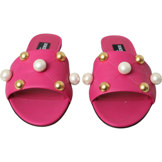 Dolce & Gabbana Pink Embellished Leather Flats Sandals Shoes pink-embellished-leather-flats-sandals-shoes