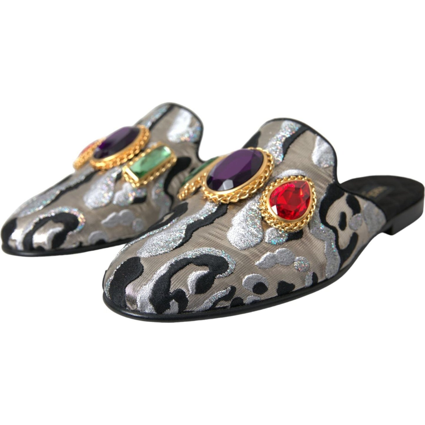 Dolce & Gabbana Gray Jacquard Crystal Mule Flat Sandals Shoes gray-jacquard-crystal-mule-flat-sandals-shoes
