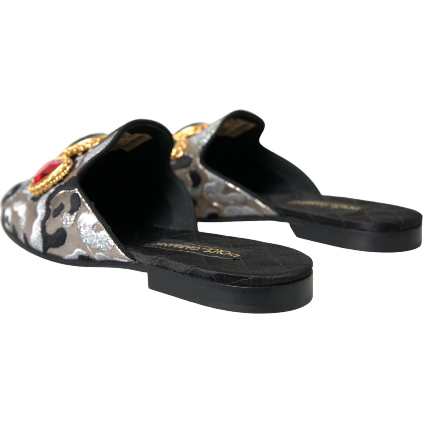 Dolce & Gabbana Gray Jacquard Crystal Mule Flat Sandals Shoes gray-jacquard-crystal-mule-flat-sandals-shoes